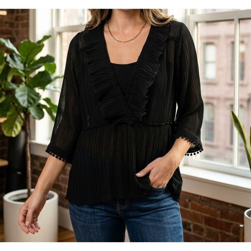 IRO Crinkled Lace Shirt Blouse Top Ruffle Sheer High Low Black S-36 267219